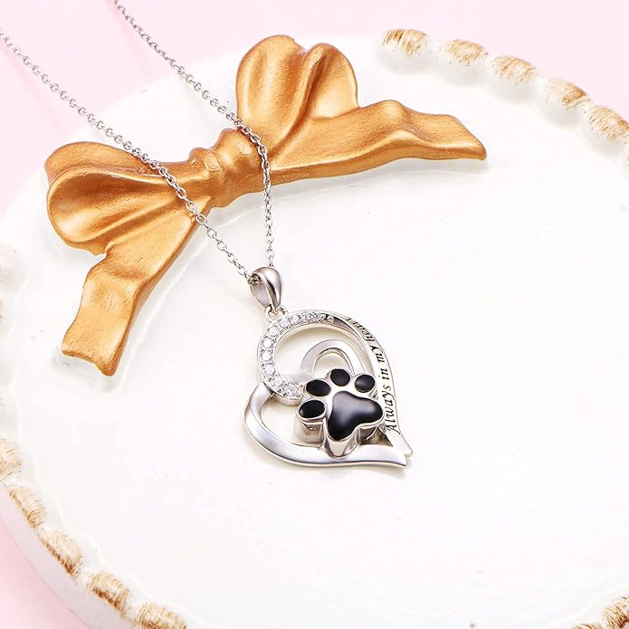 FLYOW 925 Sterling Silver Cute Paw Print Forever Love Heart Pendant Necklace/Bracelet/Stud Earrings Gift for Women, Box Chain 18"