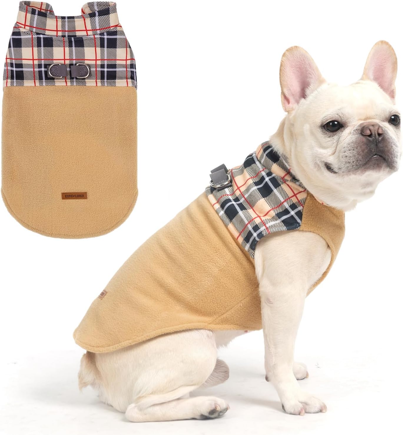EXPAWLORER Fleece Dog Sweater - Classic Plaid Dog Jacket, Winter Coat Vest with 2 D-Rings for Leash, Pet Cold Weather Clothes, Sweatershirt for Boys or Girls