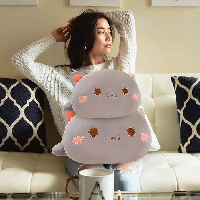 FUYU Cat Stuffed Animals, Soft Cat Plush Pillow Kawaii Kitten Stuffed Animal Toy Gifts for Kids Boys Girls Room Decor (Grey Round Eyes,15in/37cm)