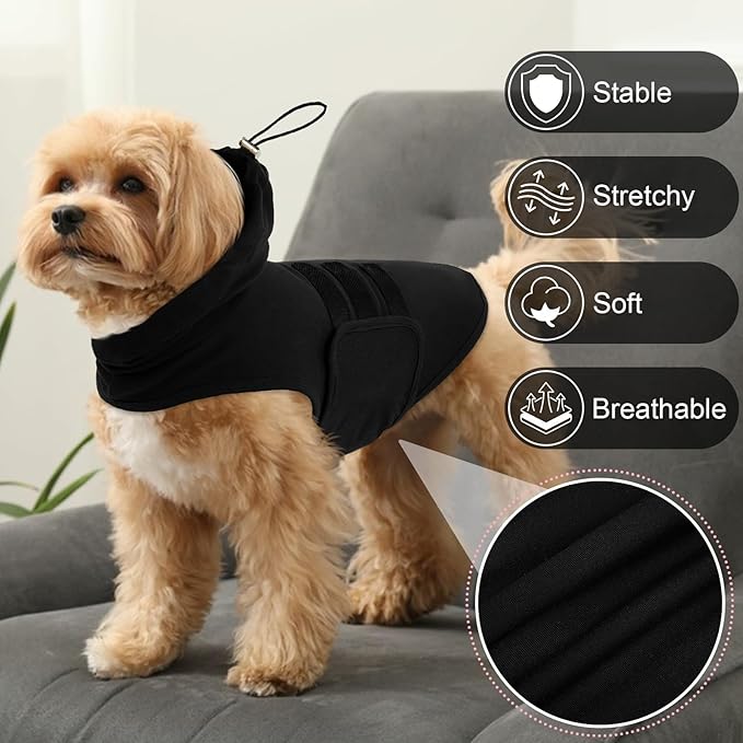 Anxiety Relief Shirt for Small Dogs with Hood -S | Adjustable Chest & Ear Cover,Lightweight Calming Vest Wraps Body,Relief Stress for Separation,Fireworks,Travel (Black)