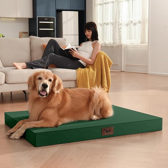 Outdoor Dog Bed for Small Dogs & Cats, Waterproof Dog Crate Mat Orthopedic Egg Crate Foam with Washable Removable Oxford Cover, Dark Green