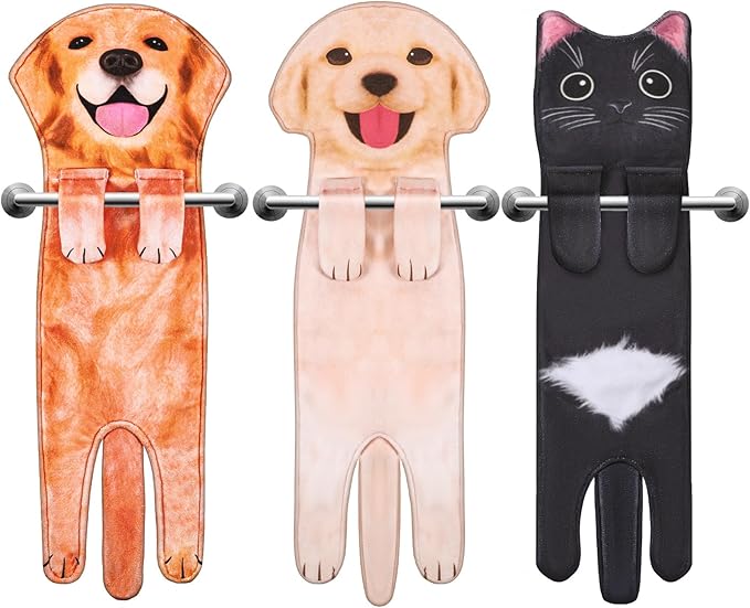 Funny Cat Hand Towels, 3 Pcs Cute Dog Hand Towels Decorative Washcloths Super Absorbent Soft Hanging Face Towels Housewarming Gift for Bathroom Kitchen