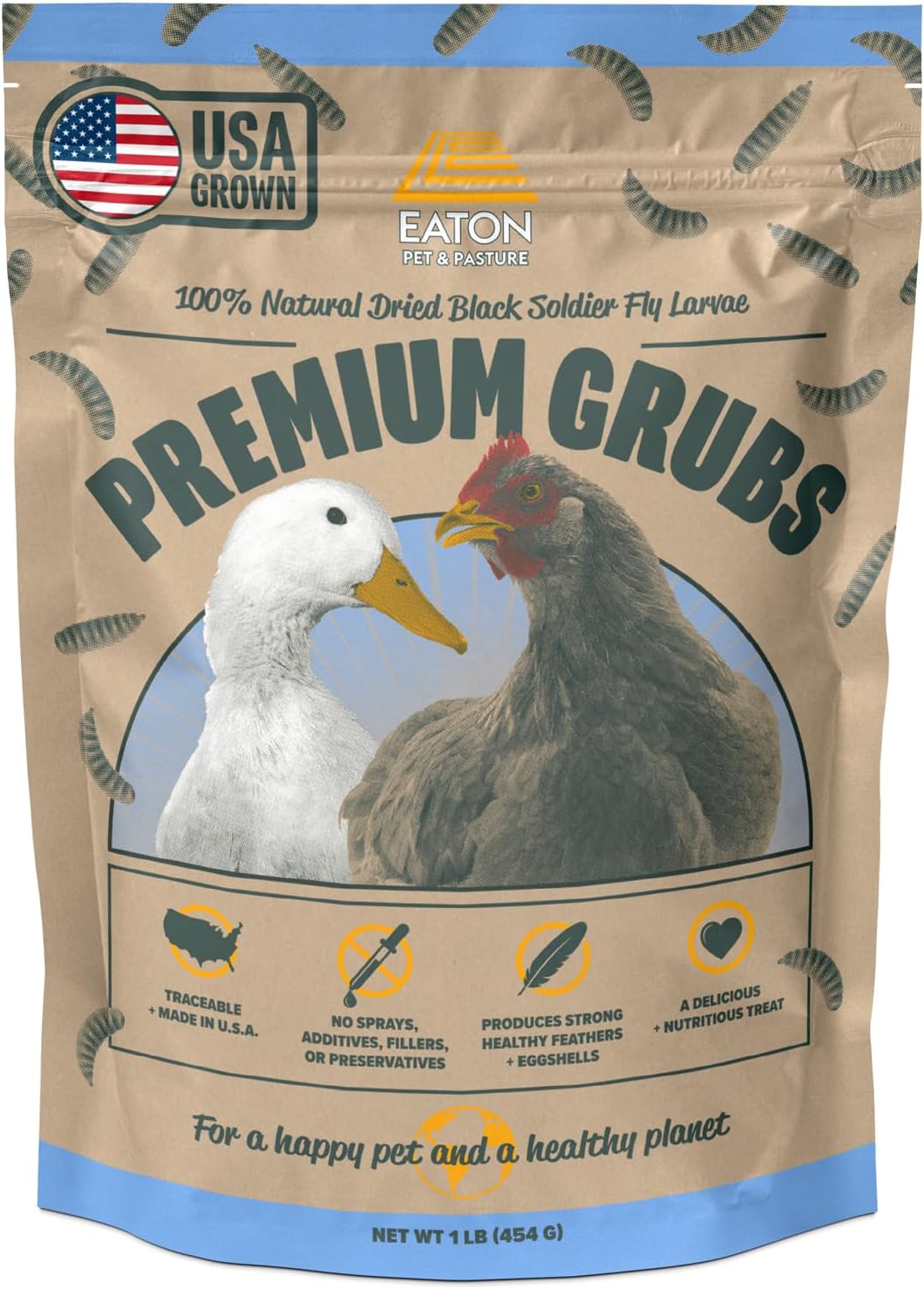 Eaton Pet and Pasture Premium Grubs, USA Grown Dried Black Soldier Fly Larvae, High Calcium Treat for Chickens, Ducks, Wild Birds (1 LB)