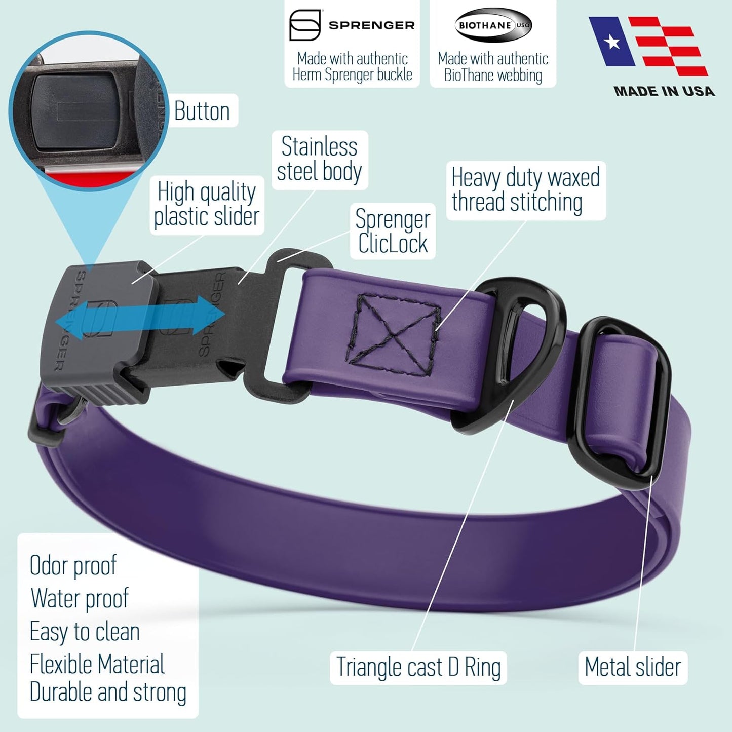 Dogline Biothane Waterproof Dog Collar with Herm Sprenger Stainless Steel Quick Release Buckle – Heavy Duty Tactical Durable Collar for Dogs – Comfortable and Safe Pet Collar, W 3/4" L 12-19", Purple