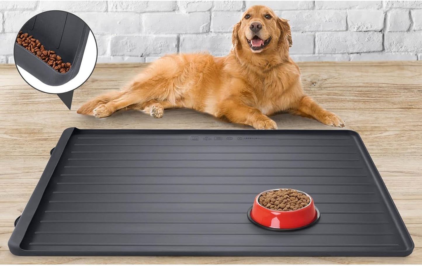 Dog Mat for Food and Water - 39.4" x 27" Large Pet Feeding Mats with Residue Collection Pocket - Waterproof Dog Cat Bowl Mat with High Edges to Prevent Water and Food Spills (Black)