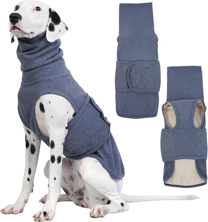 ROZKITCH Anxiety Vest for Dog, Pet Neck Wrap with Hoodie Shirt Soft Ears Cover, Thunder Jacket for Dogs Anxiety for Fireworks Travel Vet Visit 4th of July Holiday Christmas Blue L