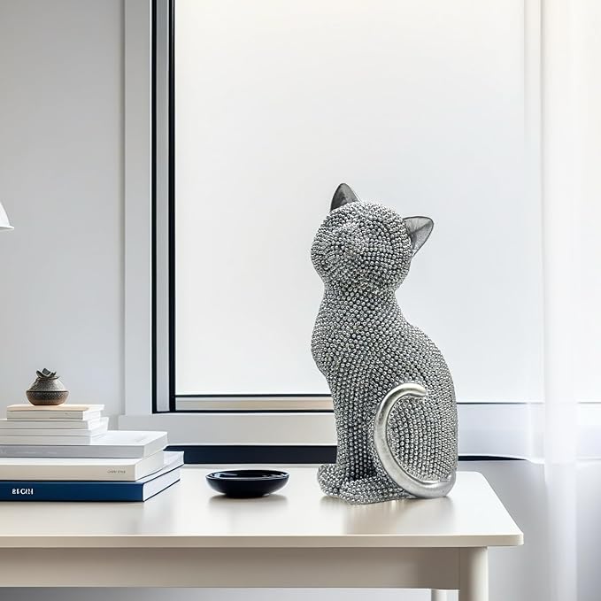 FUNSXBUG Decorative Cat Sitting Statue Art Figurines Sculpture Collectibles Home Office Desktop Decor Outdoor Garden Tabletop Display Decoration (Silver)