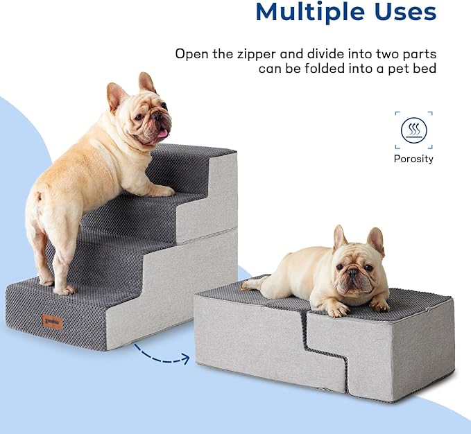 Dog Stairs for Large Dogs - Extra Wide Pet Stairs 2 in 1 with Zippers Suitable for Couch and Bed, Foam Dog Steps with Non Slip Bottom Grey 4 Steps, Grey