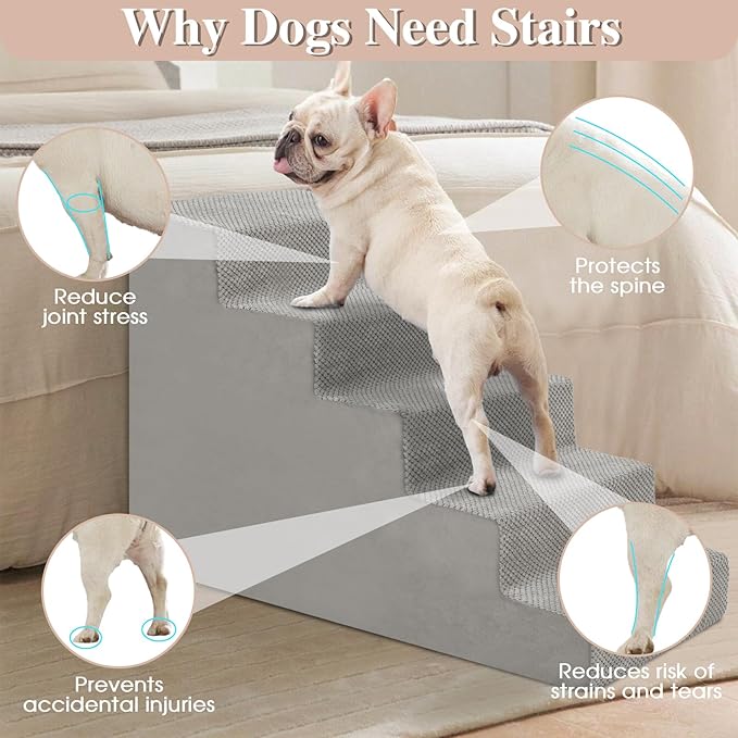 GGIB Dog Stairs for Small Dogs Cats Non-Slip Dog Steps for High Bed Pet Stairs for Sofa Couch Pet Ramp Pet Steps with Removable Washable Cover, Light Grey, 22" H, 5-Step