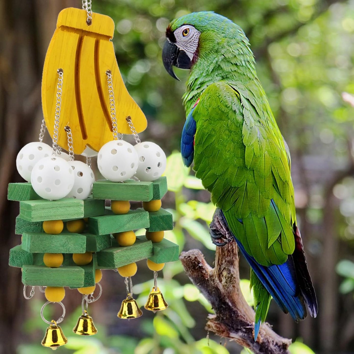 Hypeety Large Parrot Hanging Swing Toy Bells Chew Toy Colorful Hanging Wood Block Parrot Macaw African Greys Cockatiels Budgies Conure Banana Shape Natural Birds Cage Hanging Toy