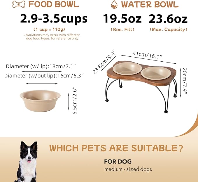 Ceramic 7.1-inch Raised Double-Bowl Set with Non-Slip Stand, 2.5 Cup Food or 24 oz Water Dishes for Medium and Dogs, Wide Opening with Rounded Edges(Oat Beige)