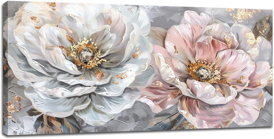 Extra Large Flower Wall Art Pink and White Floral Canvas Living Room Golden Pictures Framed Prints Oversize Wall Decor Big Painting Artwork for Bedroom Dining Office Home 60"x30"