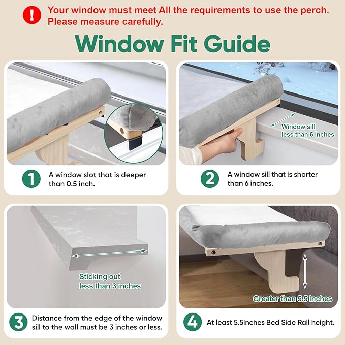 Cat Window Perch with Bolster, Large Hammock Bed for Indoor Cats, Solid Wood & Metal Frame Mounted Perch, Cozy Sunbathing Lounge Bed, 25” Wide (Grey Bed)