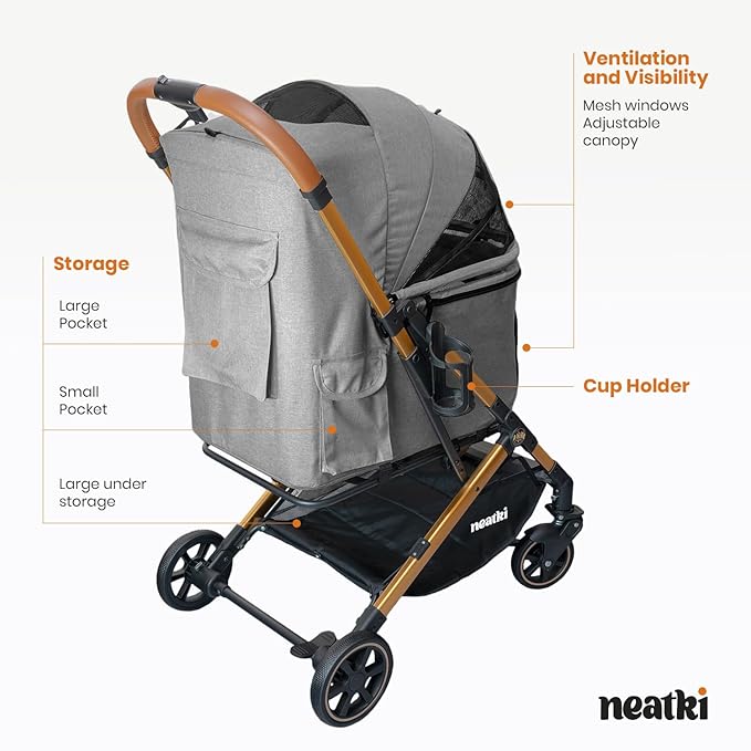 Foldable Pet Stroller for Dogs and Cats, 33 lbs Capacity, 360° Swivel Front Wheels, One-Click Fold, Brake System, Leash & Lock Clips, Removable Washable Padding, and Cup Holder (Gray, 33 lbs)