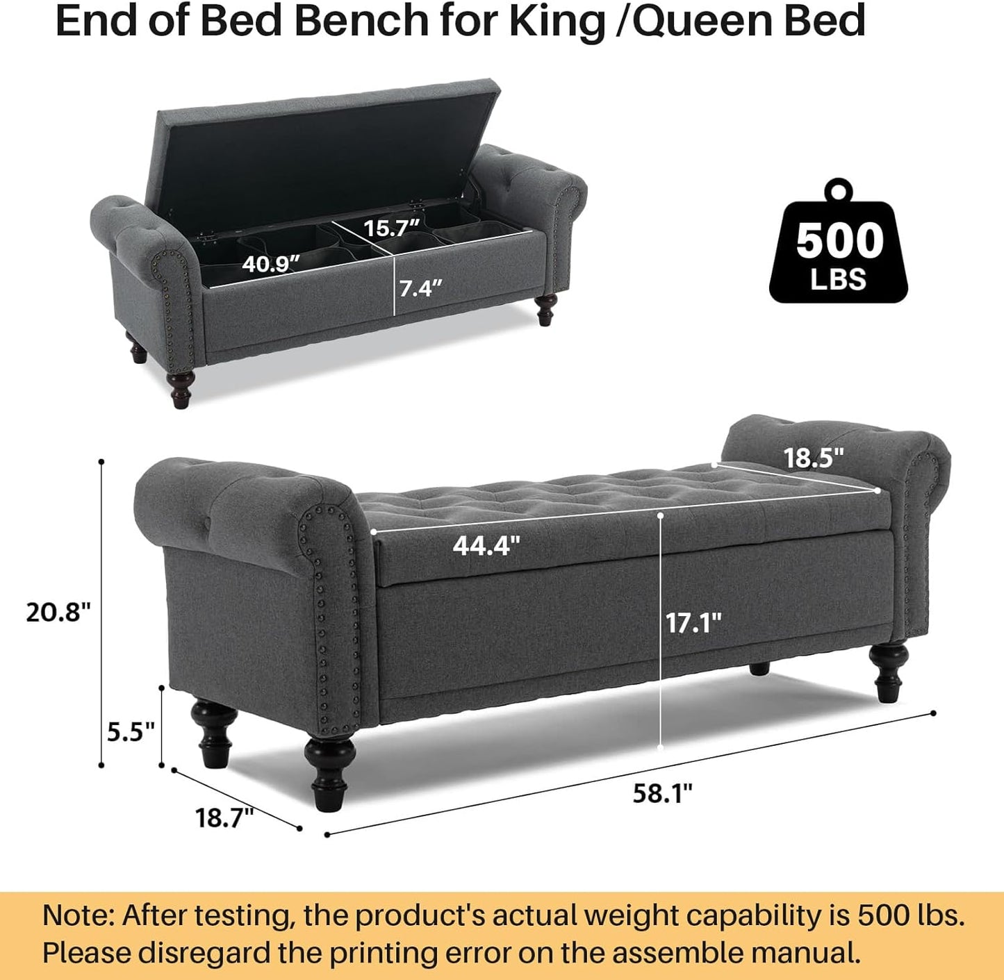58.1'' Storage Bench Upholstered Linen End of Bedroom Bed Bench Ottoman with Tufted Cushioned Rolled Arm Large Storage Space for Reading Living Room Entryway, Grey