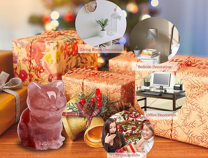 DUQGUHO Cat Decor Strawberry Quartz Cat Crystal Figurines Crystals Gifts for Cat Lovers Men Women Lucky Cute Cat Statue for Room Desk Decor 1PC