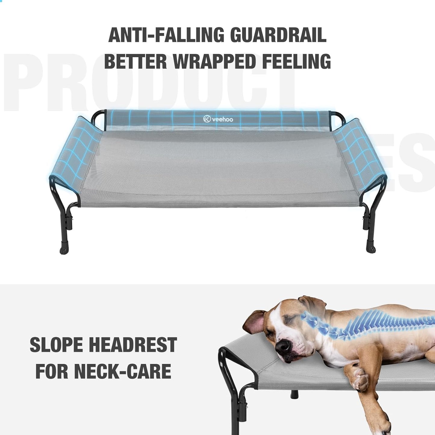 Veehoo Cooling Elevated Dog Bed, Raised Pet Cot with Guardrail & Slope Headrest, Durable Breathable Teslin Mesh, Non-Slip Feet, Washable Dog Couch Bed for Indoor & Outdoor, Large 47" x 32", Gray
