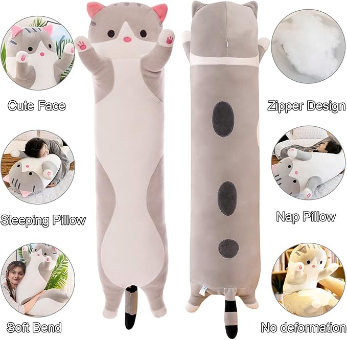 Giant Cat Pillow Plush Cartoon Kitty Sleeping Hugging Pillow, Cuddly Soft Long Kitten Body Pillow Doll Cat Cushion Toy for Kids Girlfriend (Gray, 150cm/59inch)