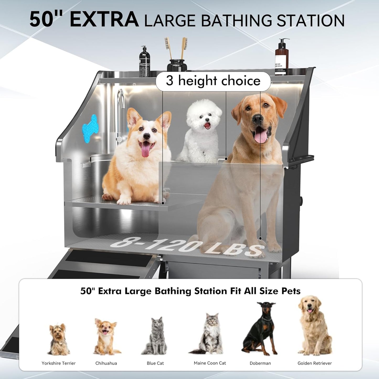 50'' Dog Washing Station - 304 Stainless Steel, LED Dog Bathing Station with Ramp, 2 Drawer, Floor Grate & Lick Pad for Large, Medium & Small Dogs