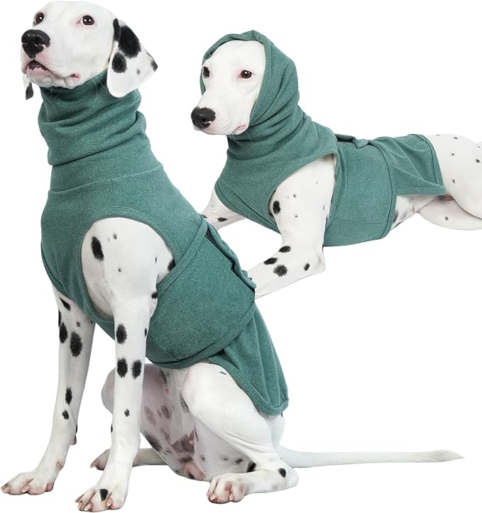 ROZKITCH Dog Anxiety Vest Calming Jacket with Hoodie Soft Dog Ears Cover, Warm Shirt with Ear Wrap for Fireworks Travel Vet Visit Separation Relief, Calming Shirt Wrap Green L