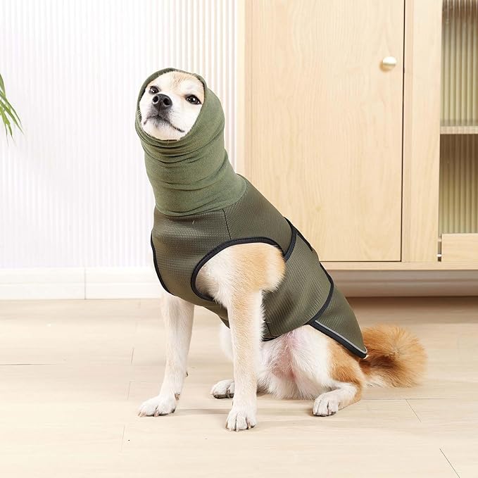 ROZKITCH Dog Anxiety Calming Hoodie, Jacket for Fireworks & Travel, Breathable Dog Shirt with Noise Block & Ear Protection Design ArmyGreen XL