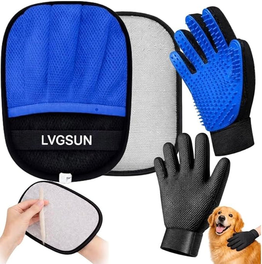 3-in-1-Pet Hair Remover Gloves for Cats & Dogs, Grooming & Deshedding Mitt Set – 2 Gloves + Extra Pad, Reusable Fur Removal Tool for Shedding, Sofa, Clothes, Carpet & Car Interior