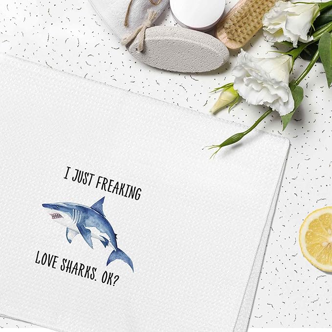 I Just Freaking Love Sharks Kitchen Towels Decorative Gifts for Shark Lovers 16x24, Shark Dish Towel Cloths Dishcloths Tea Towel, Shark Bathroom Kitchen Hand Towel Decor