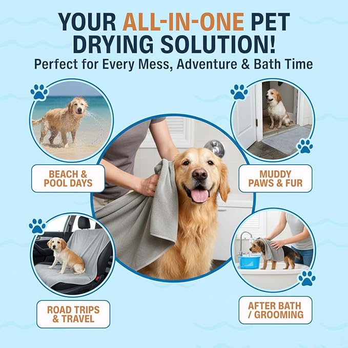 Dog Towel Keeps Your Pet Cozy After Every Use - Microfiber Towels for Drying Dogs & Cats – Quick & Efficient Grooming Gray Towel for Outdoor Play - Gently Dries Your Pet’s Fur 15.7X27.6in l Medium 5PK