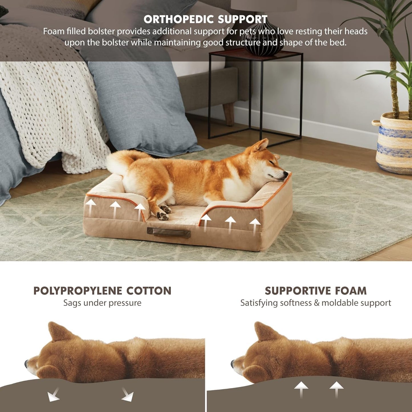 Friends Forever Orthopedic Dog Bed for Medium Dogs, Waterproof Memory Foam Dog Sofa Bed M with Removable Washable Cover, Ally Khaki, 28x23x6.5