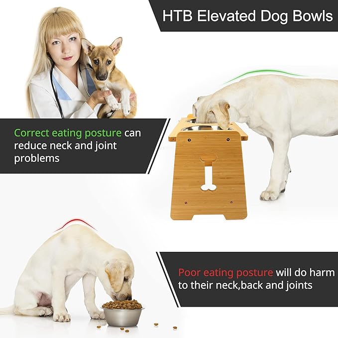 HTB Elevated Dog Bowls, Adjustable Pet Bowl Stand (Bamboo, 2 in 1-6.5'' or 11.8'')