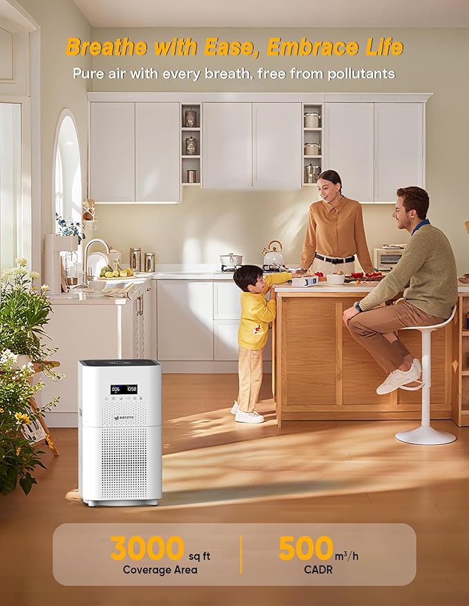 Dayette Air Purifiers for Home Large Room up to 3000 Sq Ft, CADR Upgrade to 500 m³/h H14 Ture Hepa Air Filter, Air Purifier with Air Quality Monitor, 22dB Sleep Mode for Bedroom, Living Room