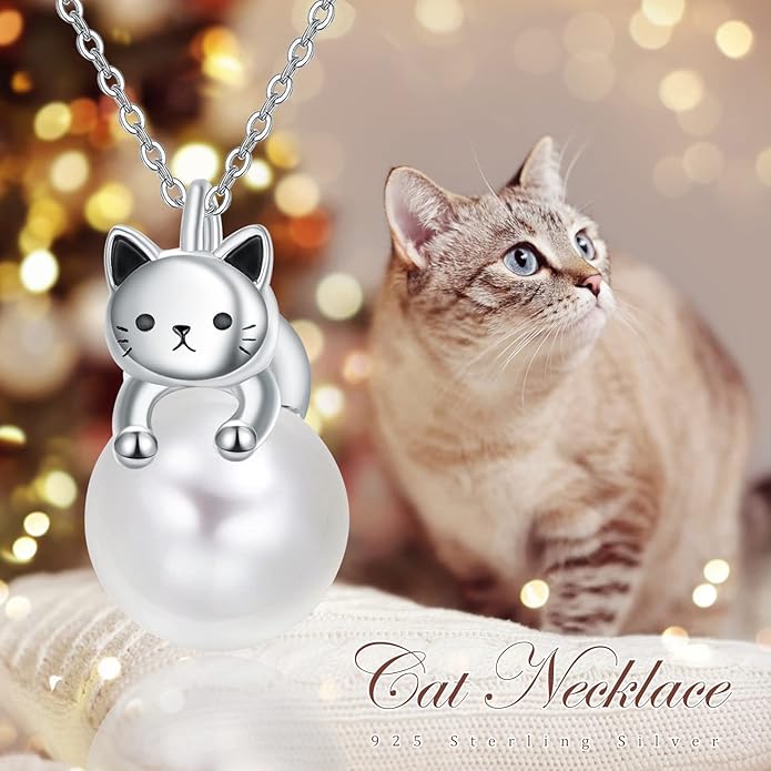 Dreamboat Cat Pearl Necklace for Women - 925 Sterling Silver Kitten Pendant - Cute Animals Jewelry