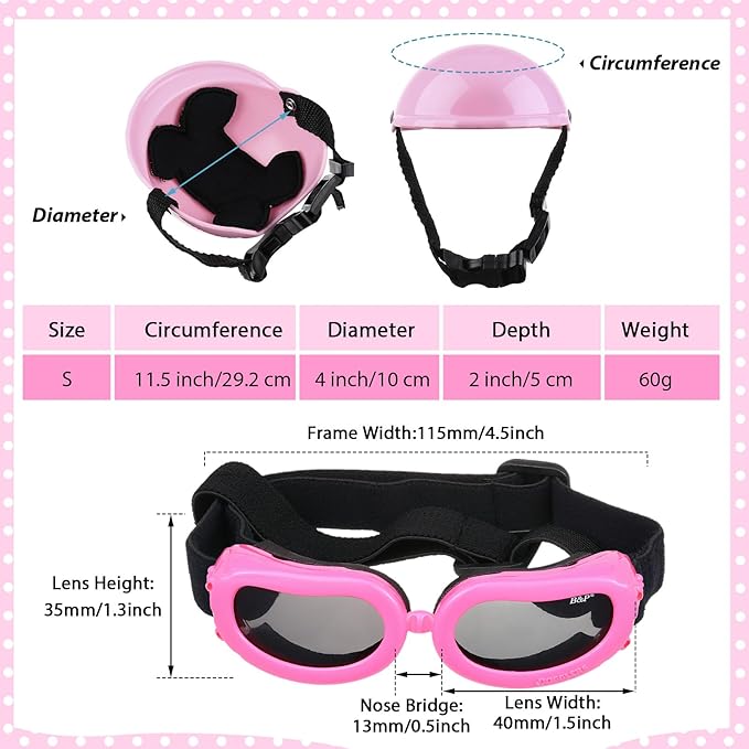 Frienda Dog Helmet and Goggles, UV Protection Doggy Sunglasses and 4 Inch Padded Puppy Motorcycle Helmet Adorable Dog Goggles with Adjustable Belt for Small Dogs Puppy Riding(Pink,S)
