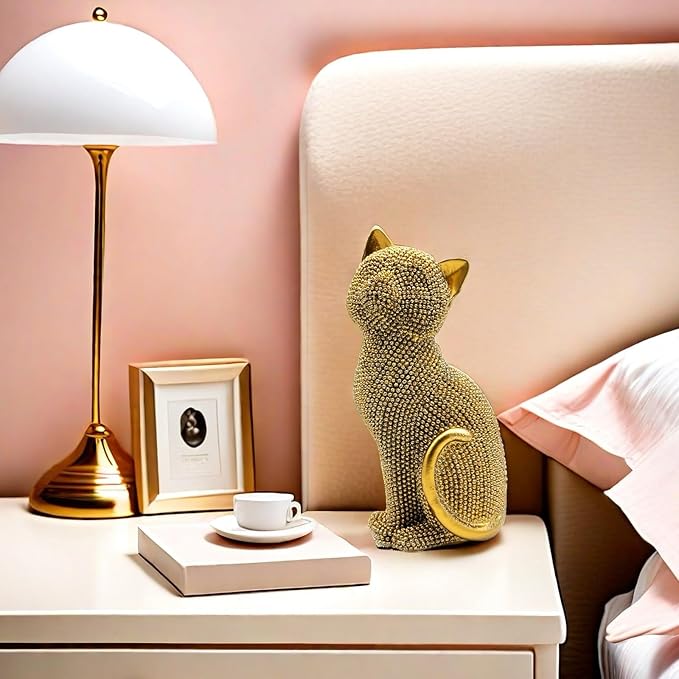 FUNSXBUG Decorative Cat Sitting Statue Art Figurines Sculpture Collectibles Home Office Desktop Decor Outdoor Garden Tabletop Display Decoration (Gold)