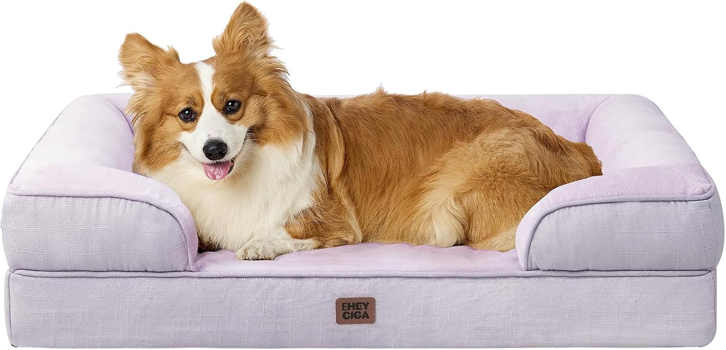 EHEYCIGA Orthopedic Dog Beds for Large Dogs, Waterproof Memory Foam Large Pet Bed with Sides, Non-Slip Bottom and Egg-Crate Foam Dog Couch Bed with Washable Removable Cover, Lilac