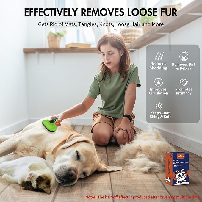 Dog Brush for Shedding, Self Cleaning Slicker Brush Ideal for Short Long Haired Dogs & Cats. Removes Loose Fur, Undercoat, Mats, Tangled Hair. Suit for Large Medium Small Animal, Green