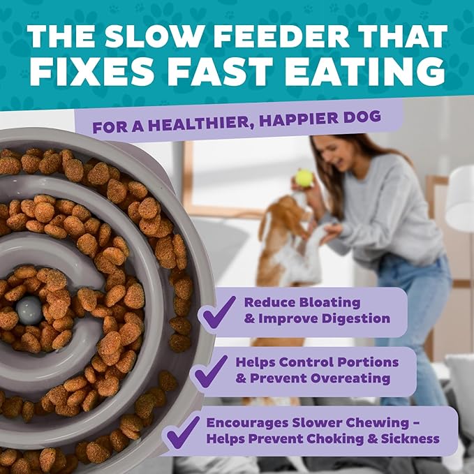 Outward Hound Fun Feeder Slo Bowl – Medium 2‑Cup Capacity, Slow Feeding, Small to Medium Dogs & Cats, Non-Slip, Gray, Drop Pattern (Pack of 12)