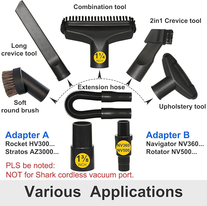 Vacuum Attachments Compatible with Shark Corded Vacuums, Navigator NV350 NV360 Rotator NV501 Rocket HV300 Stratos..., 1 1/4" Accessories with Hose Adapters (Car Detailing Kit A)