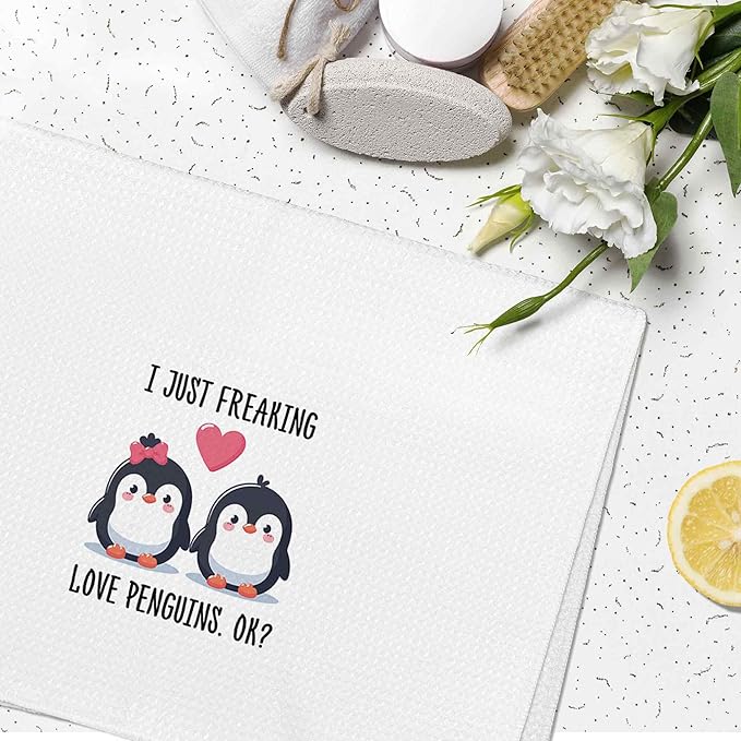 I Just Freaking Love Penguins Kitchen Towels Decorative Gifts for Penguin Lovers 16x24, Penguin Dish Towel Cloths Dishcloths Tea Towel, Penguin Bathroom Kitchen Hand Towel Decor