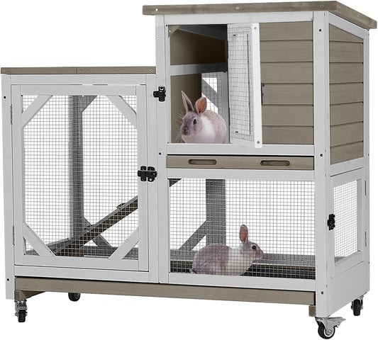 GUTINNEEN Rabbit Hutch Indoor Mobile Bunny Cage with Run Wooden 2 Story Guinea Pig Cage Outdoor for Small Animals with Wheels,Two Deeper No Leak Trays(Grey)