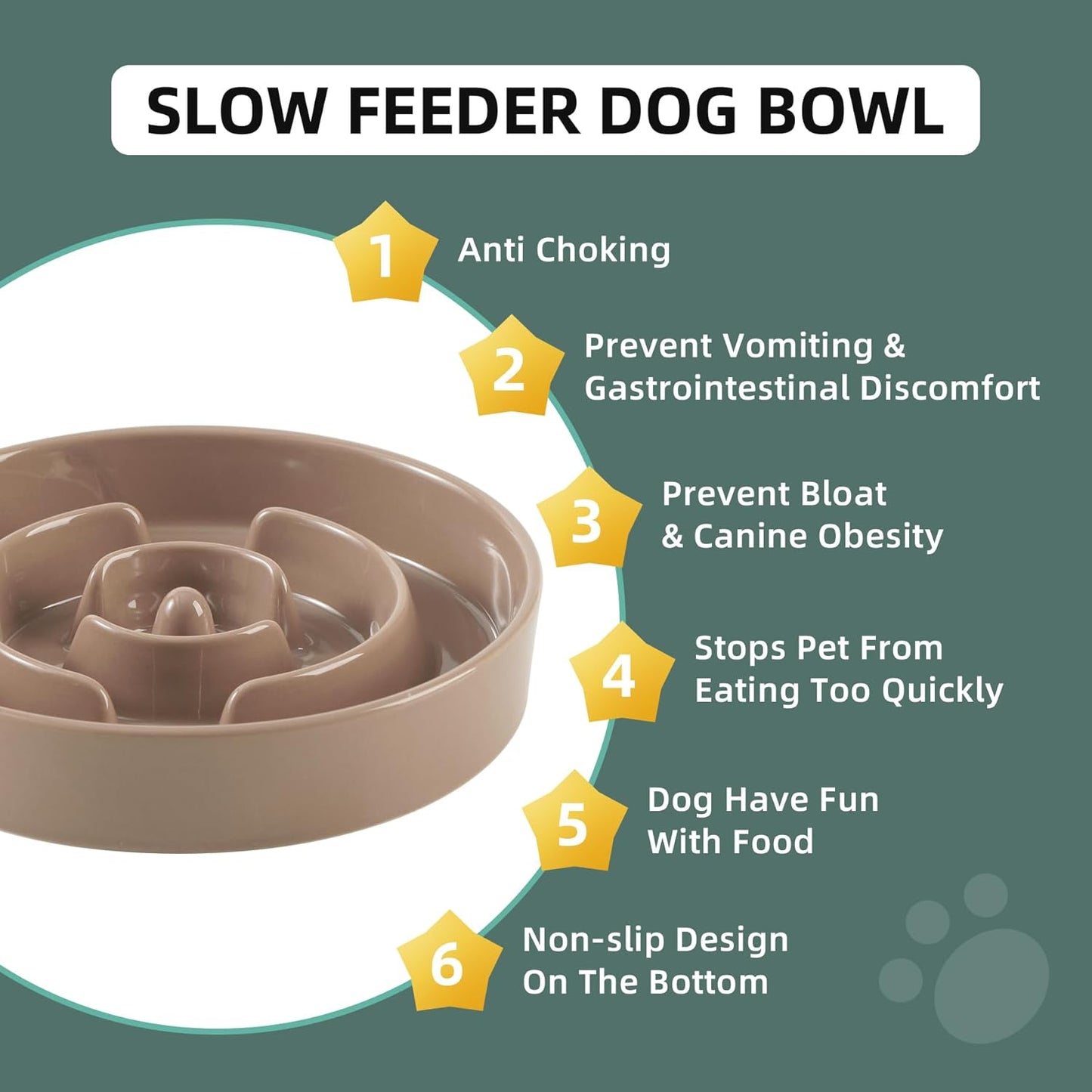 8.2inch Ceramic Slow Feeder Dog Bowl for Medium and Large Breed, Puzzle Dog Food Dish, Anti-Gulping, Pet Slow Feeder, Stop Bloat, Preventing Choking (Single Bowl-Brown Coffee)