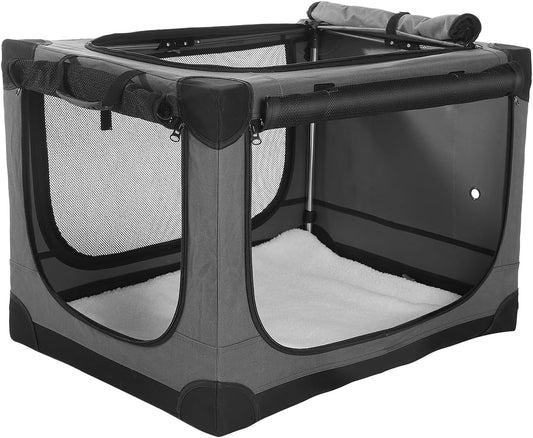 30-Inch Collapsible Travel Dog Crate, Portable 4-Door Soft Kennel for Medium to Large Dogs, Durable Mesh Windows, Indoor/Outdoor Use, Foldable, with Storage Bag (Grey)