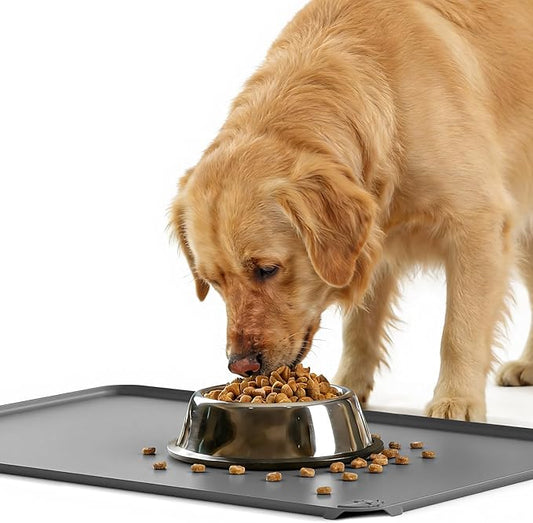 ESTHELLO Waterproof Pet Feeding Mats - Advanced Silicone Dog Food Mat Easy to Clean for Dog & Cat Bowls, 24''x16'' Premium Gray