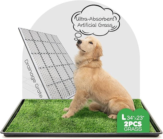 Dog Grass Pad with Tray, 34×23in Large Litter Box, 2×Grass Pad for Dogs Potty Washable, Thick Soft Odor-Free Hemmed Dog Pee Grass, Indoor Potty Training Balcony
