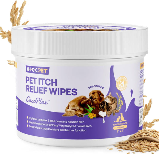 HICC PET Itch Relief Wipes for Dogs & Cats, Rapidly Relieves Itching, Soothes Hot Spots and Skin Irritations, Hypoallergenic Hot Spot Treatment Cleaning Wipes, Alleviate Dry Itchy Skin - 100 Count