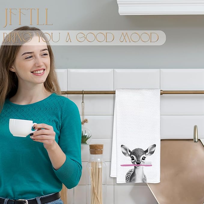 Funny Toothbrush Deer Hand Towels for Bathroom Washroom Restroom Decor, Deer Gifts for Women, Kids Hand Towels, 16x24 Inch