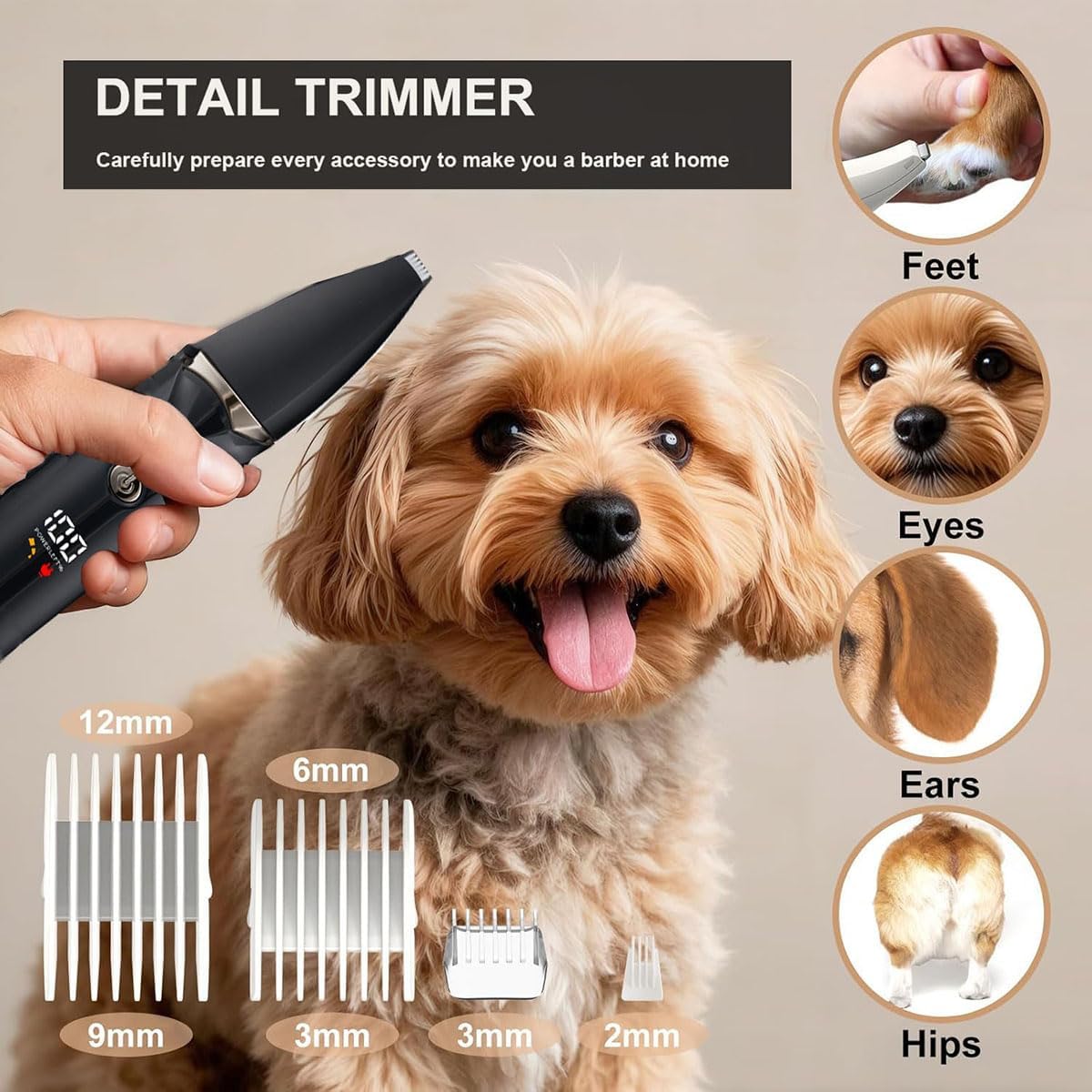 Dog Grooming Kit with LCD Display, 4 in 1 Dog Hair Trimmer for Paw Nail Grinder, Rechargeable Cordless Pet Cat Clippers, Professional Pet Paw Trimmer Nail Grinder Low Noise. Black