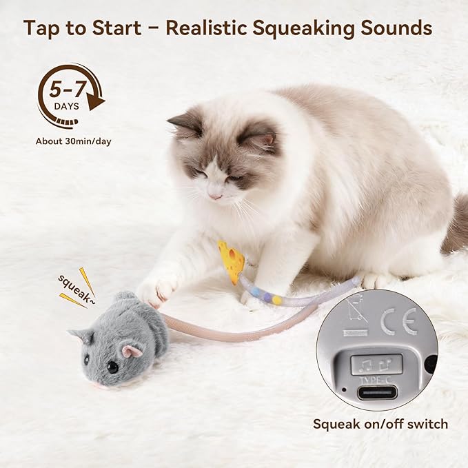 Migipaws Interactive MigiMouse Cat Toy 360° Rolling & Spin with Wiggling Tail for Indoor Cats Smart Motion Sensor, Realistic Squeak, Rechargeable Plush Kitten Toy(Grey)