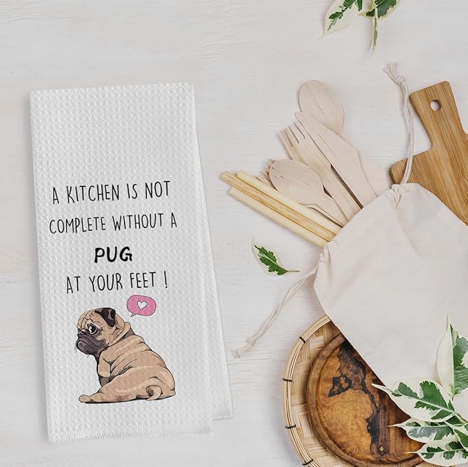 Funny Pug Dish Towels Set - Pug Waffle Weave Kitchen Towels, Pug Decorative Hand Tea Towels for Bathroom Kitchen, Pug Gifts for Pug Lovers (16×24 Inches Set of 2)