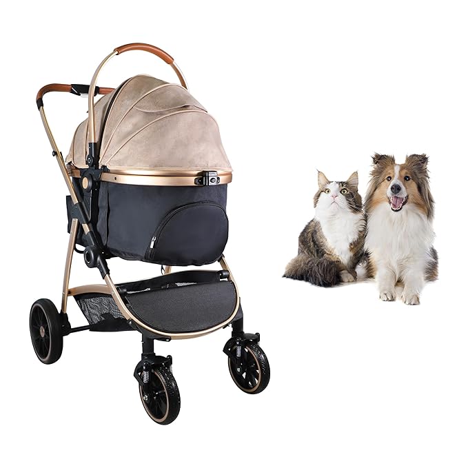 Dog Stroller for Small Medium Dogs, 3 in 1 Folding Pet Stroller Up to 33 lbs, 4 Wheels Pet Strolling Cart with Zipperless Entry, Cat Dog Travel Carrier with Cup Holder & Storage Basket